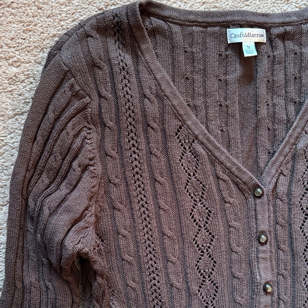 Croft & Barrow Women's Chocolate Brown Cotton Cable Knit Cardigan Sweater. - Picture 3 of 11